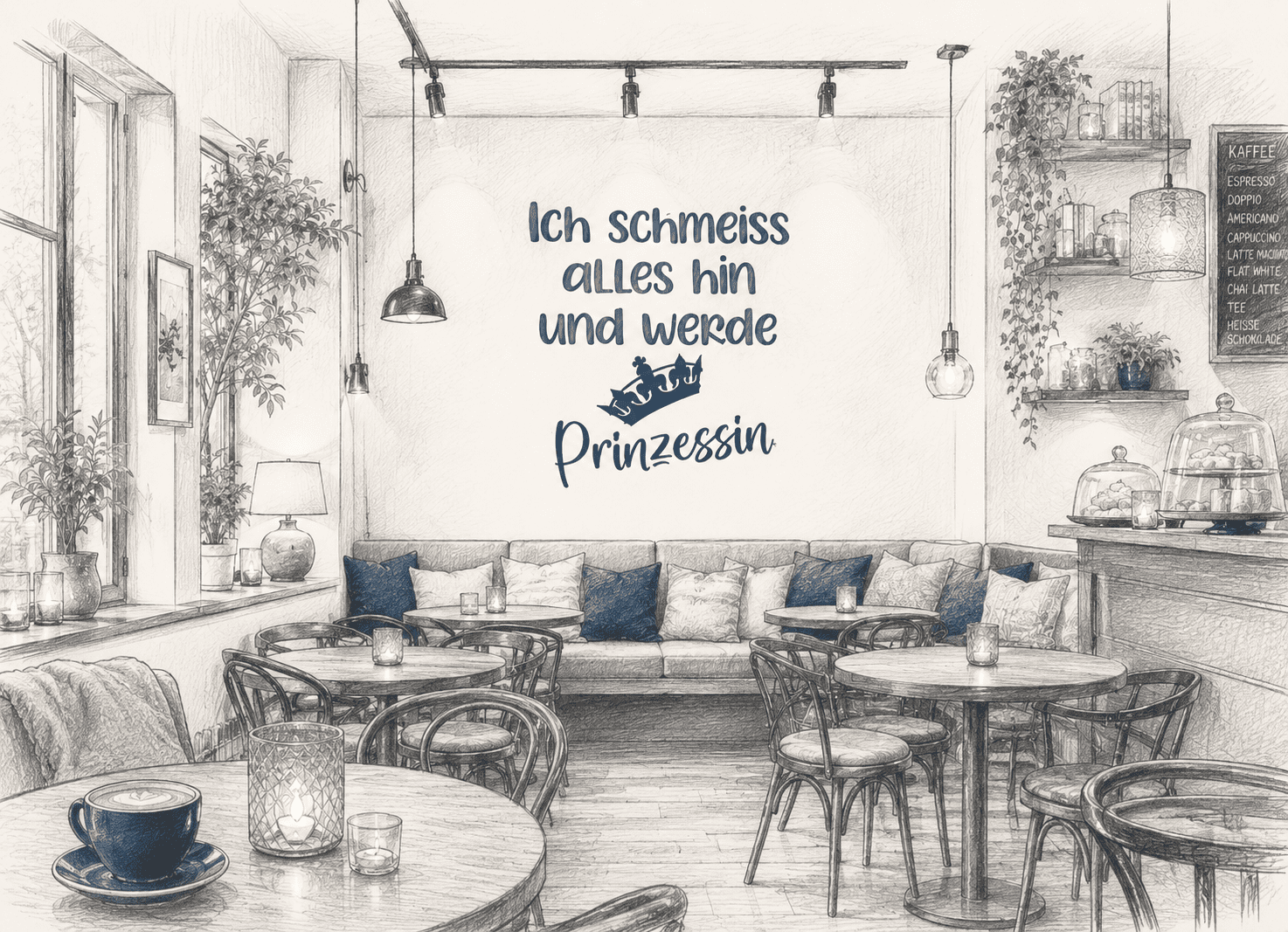 Eine Cafe Haus Szene, an der Wand ein Tattoo "Ich schmeiß alles hin und werd Prinzessin"